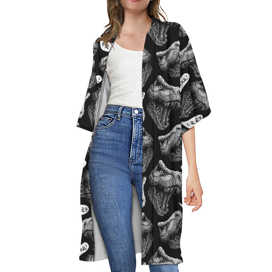 Black And White T-Rex Dinosaur Print Open Front Beach Cover Up