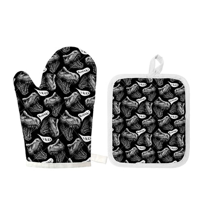 Black And White T-Rex Dinosaur Print Oven Mitt And Pot Holder Set