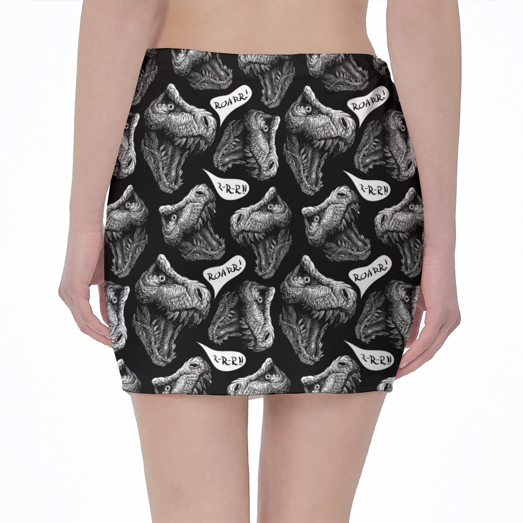 Black And White T-Rex Dinosaur Print Pencil Mini Skirt