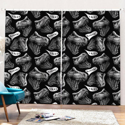Black And White T-Rex Dinosaur Print Pencil Pleat Curtains
