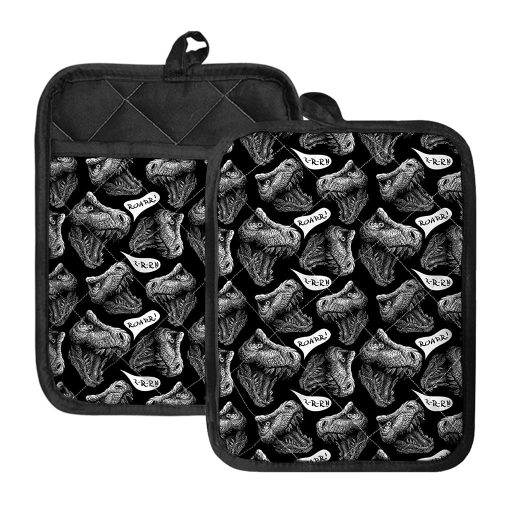 Black And White T-Rex Dinosaur Print Pot Holders With Pocket