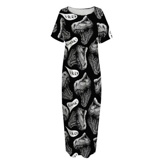 Black And White T-Rex Dinosaur Print Short Sleeve Long Nightdress