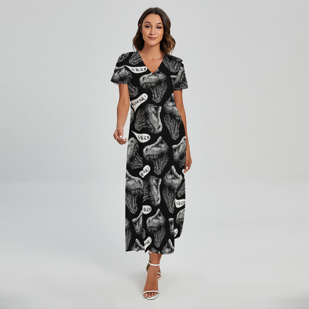 dinosaur maxi dress Black And White T-Rex Dinosaur Print Short Sleeve Maxi Dress