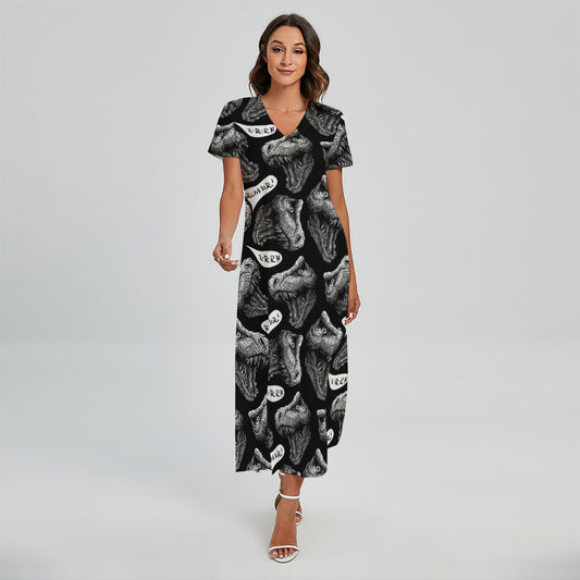 Black And White T-Rex Dinosaur Print Short Sleeve Maxi Dress