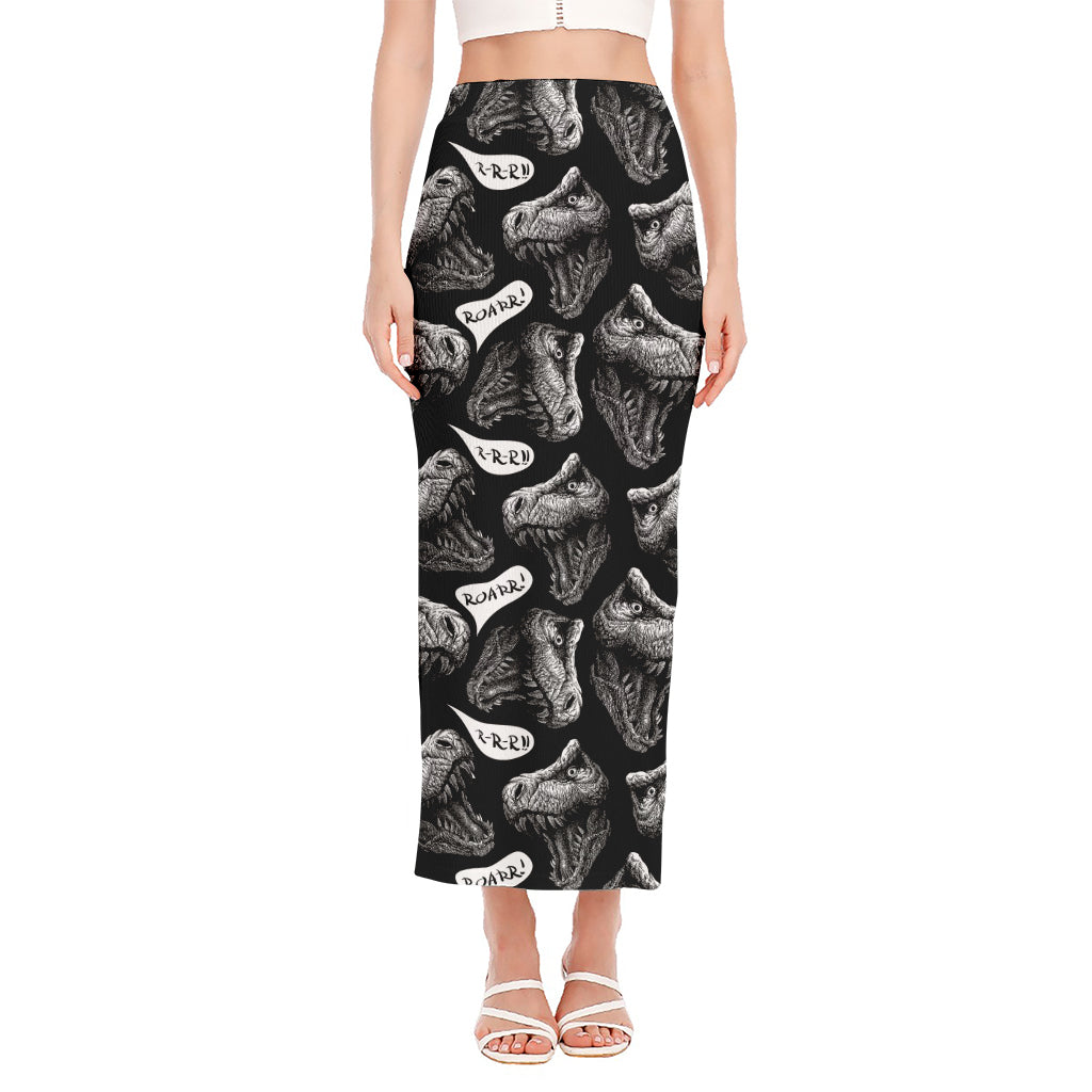 Black And White T-Rex Dinosaur Print Side Slit Maxi Skirt