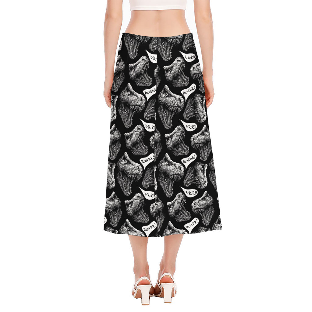 Black And White T-Rex Dinosaur Print Side Slit Midi Skirt