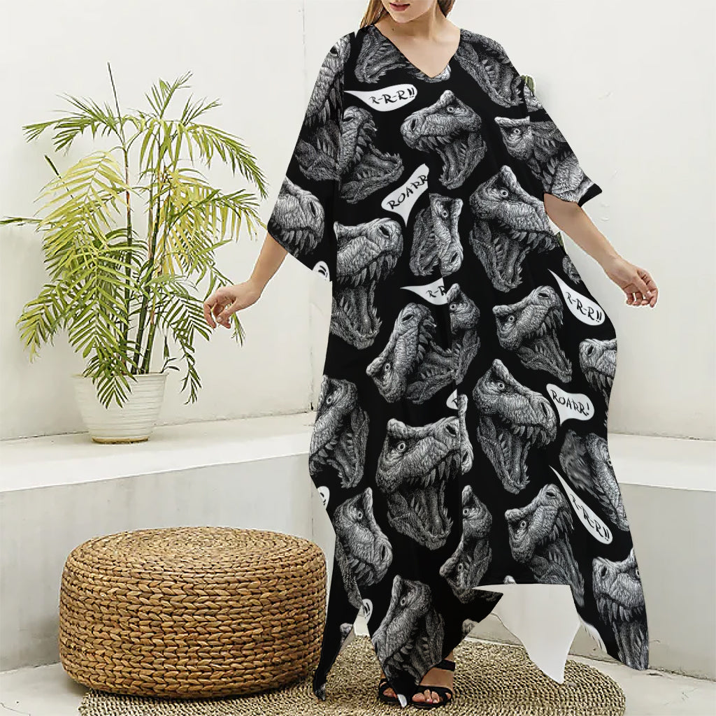 Black And White T-Rex Dinosaur Print Silk V-Neck Kaftan Dress