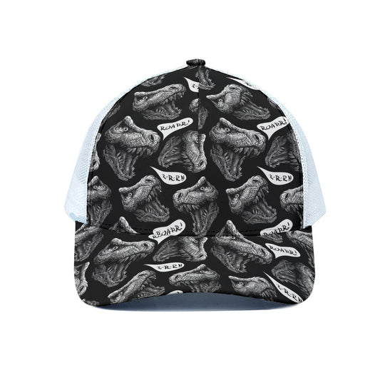 Black And White T-Rex Dinosaur Print White Mesh Trucker Cap