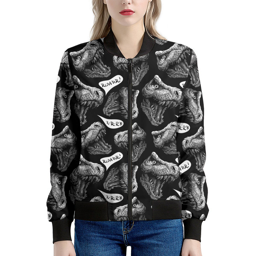 Black And White T-Rex Dinosaur Print Women's Bomber Jacket