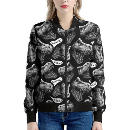 Black And White T-Rex Dinosaur Print Women's Bomber Jacket