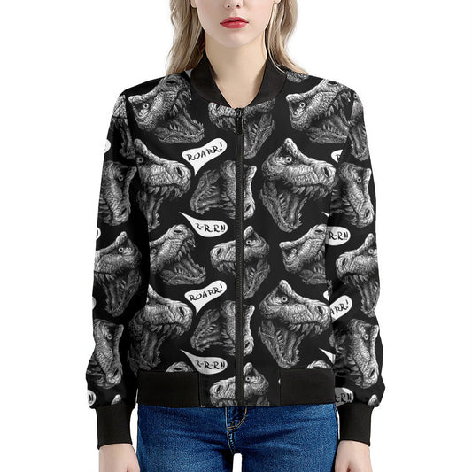 Black And White T-Rex Dinosaur Print Women's Bomber Jacket