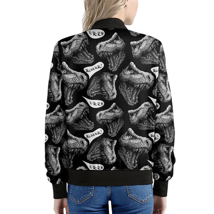 Black And White T-Rex Dinosaur Print Women's Bomber Jacket