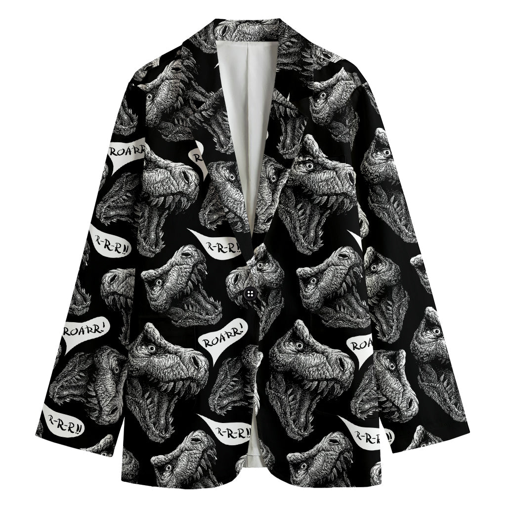 Black And White T-Rex Dinosaur Print Women's Cotton Blazer