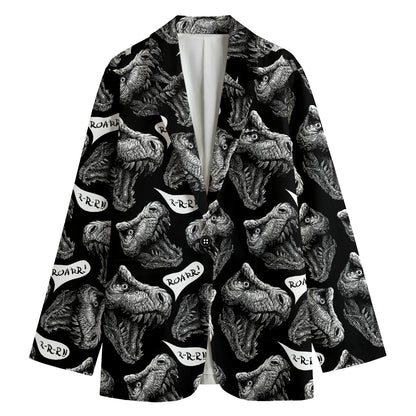 Black And White T-Rex Dinosaur Print Women's Cotton Blazer