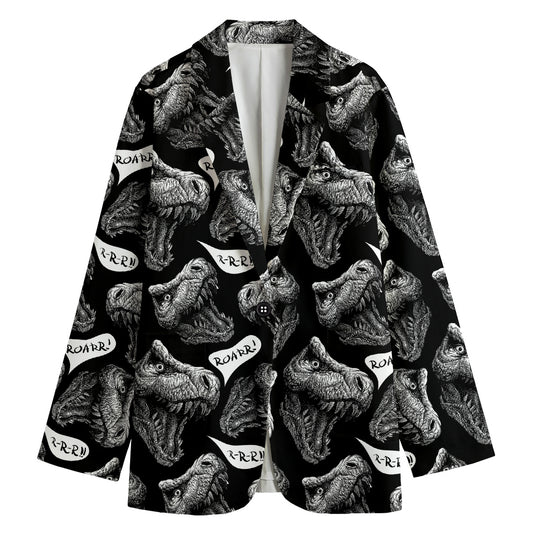 Black And White T-Rex Dinosaur Print Women's Cotton Blazer