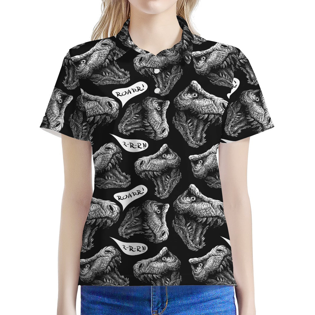Black And White T-Rex Dinosaur Print Women's Polo Shirt