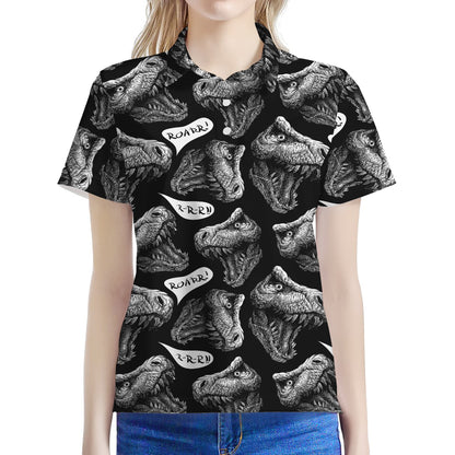Black And White T-Rex Dinosaur Print Women's Polo Shirt