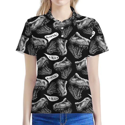 Black And White T-Rex Dinosaur Print Women's Polo Shirt