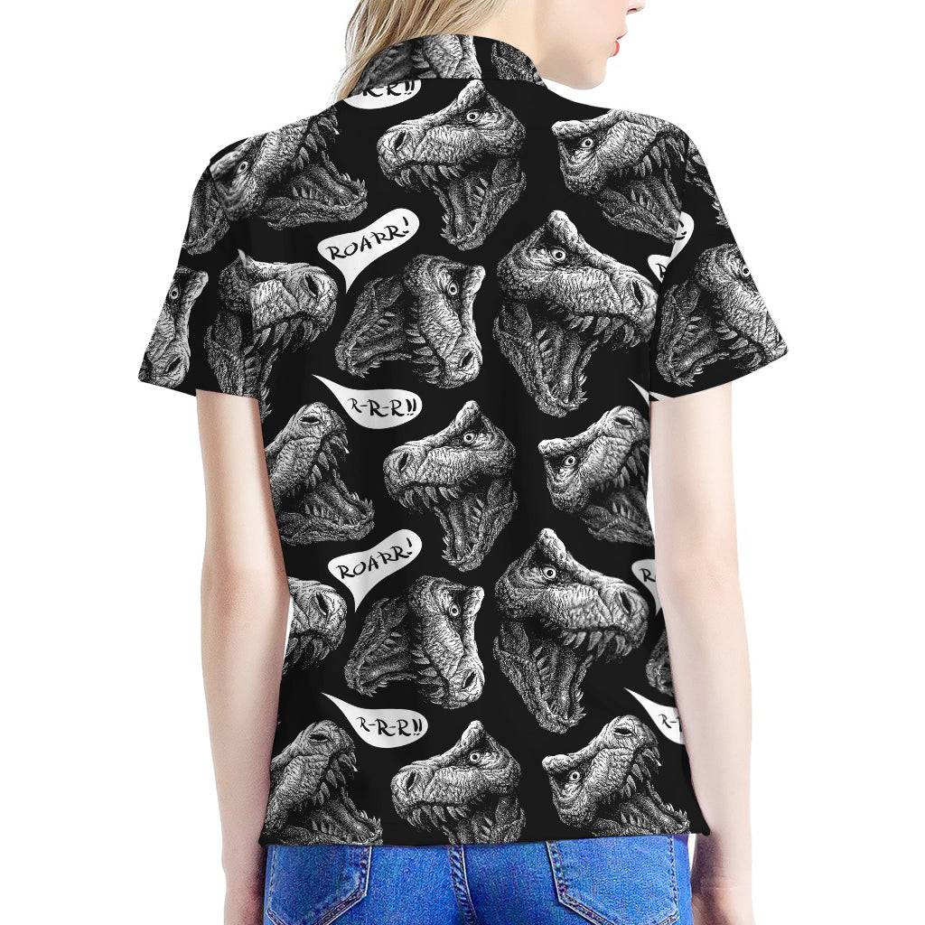 Black And White T-Rex Dinosaur Print Women's Polo Shirt