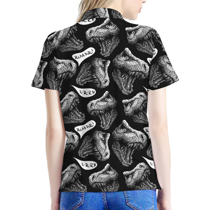 Black And White T-Rex Dinosaur Print Women's Polo Shirt