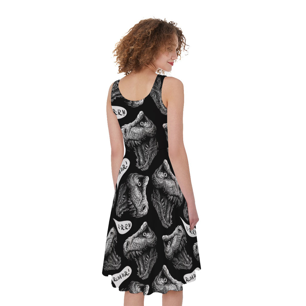 Black And White T-Rex Dinosaur Print Women's Sleeveless Dress