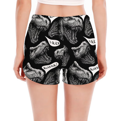 Black And White T-Rex Dinosaur Print Women's Split Running Shorts