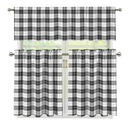Black And White Tartan Pattern Print 3 Piece Kitchen Curtains