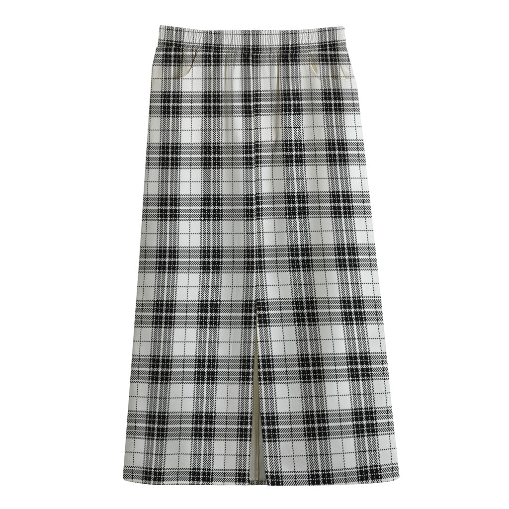 Black And White Tartan Pattern Print Cotton Front Slit Maxi Skirt