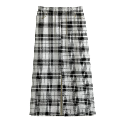 Black And White Tartan Pattern Print Cotton Front Slit Maxi Skirt
