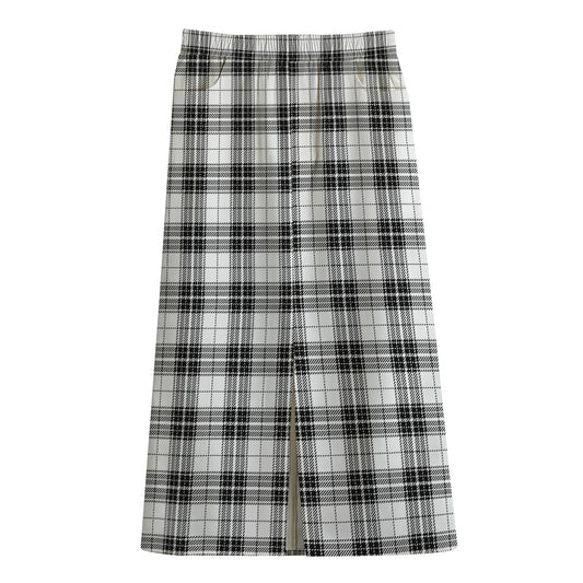 Black And White Tartan Pattern Print Cotton Front Slit Maxi Skirt