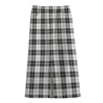 Black And White Tartan Pattern Print Cotton Front Slit Maxi Skirt