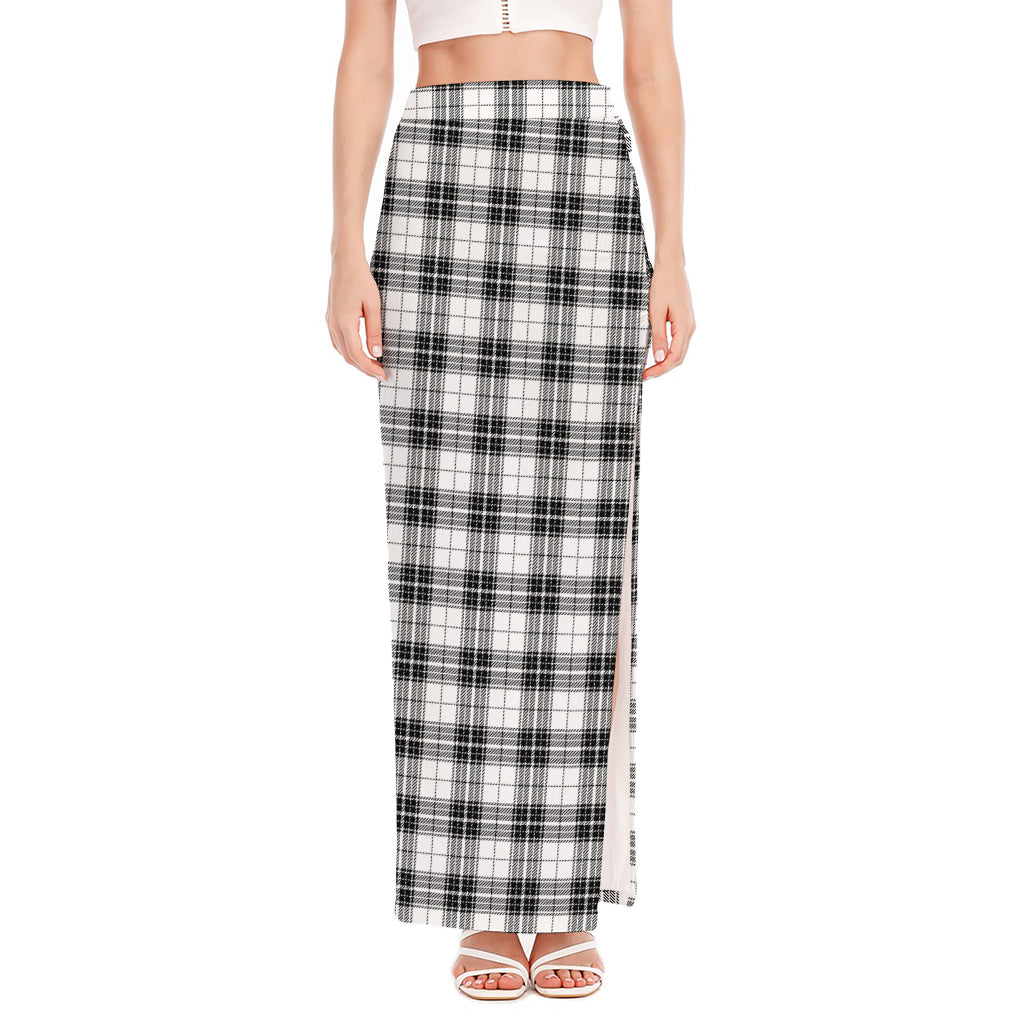 Black And White Tartan Pattern Print High Slit Maxi Skirt
