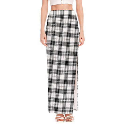 Black And White Tartan Pattern Print High Slit Maxi Skirt