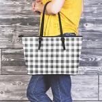 Black And White Tartan Pattern Print Leather Tote Bag