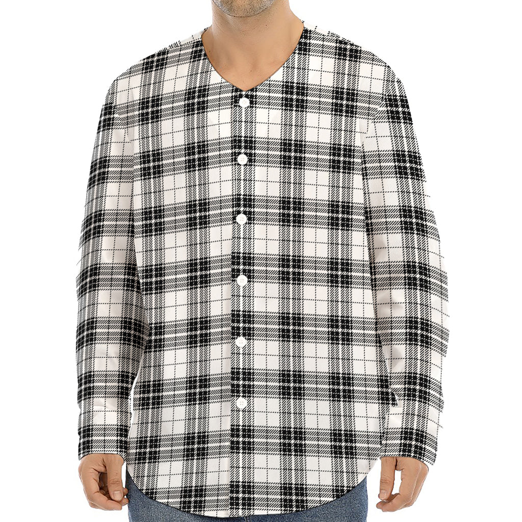 Black And White Tartan Pattern Print Long Sleeve Baseball Jersey