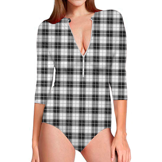 Black And White Tartan Pattern Print Long Sleeve Swimsuit