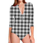 Black And White Tartan Pattern Print Long Sleeve Swimsuit