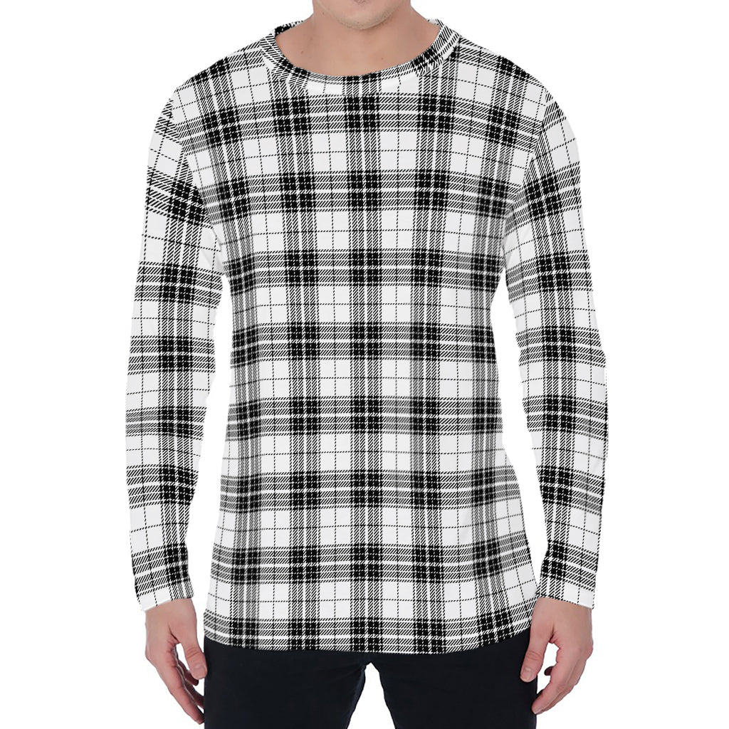 Black And White Tartan Pattern Print Men's Long Sleeve T-Shirt