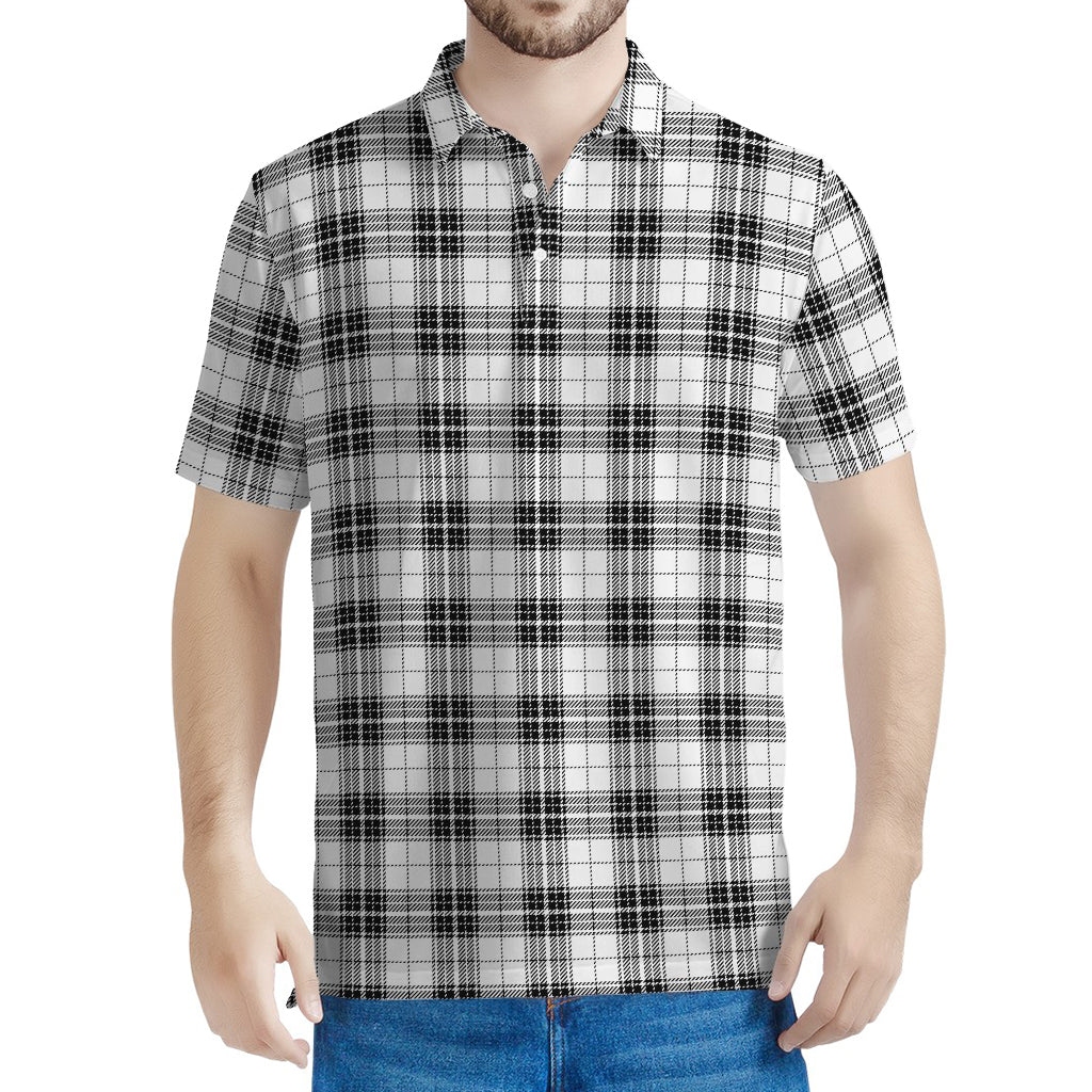 Black And White Tartan Pattern Print Men's Polo Shirt