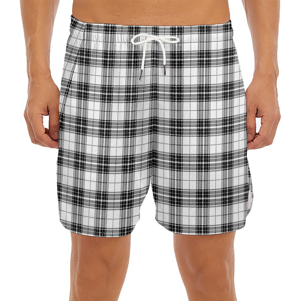 Black And White Tartan Pattern Print Men's Split Running Shorts