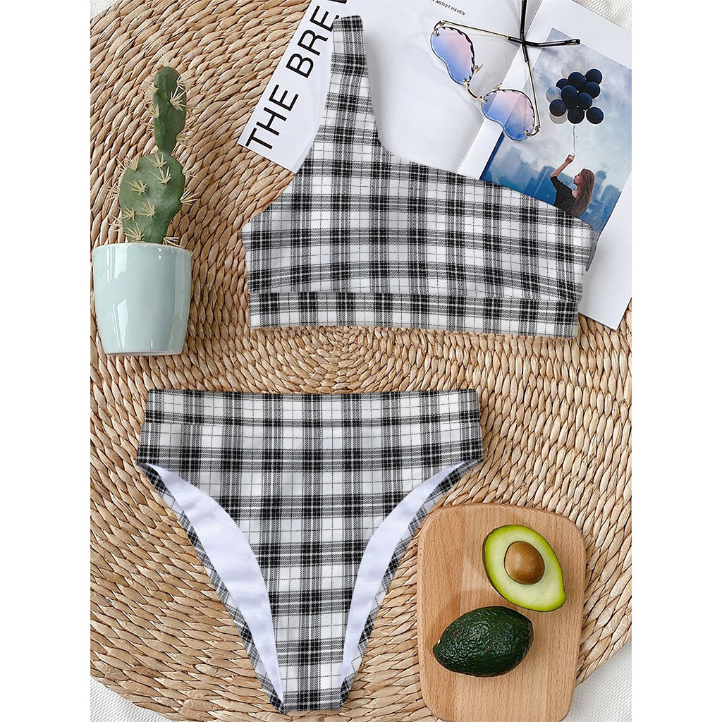 Black And White Tartan Pattern Print One Shoulder Bikini Top