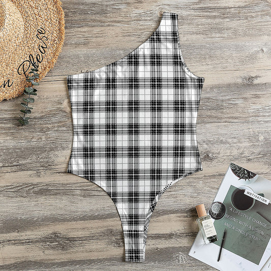 Black And White Tartan Pattern Print One Shoulder Bodysuit
