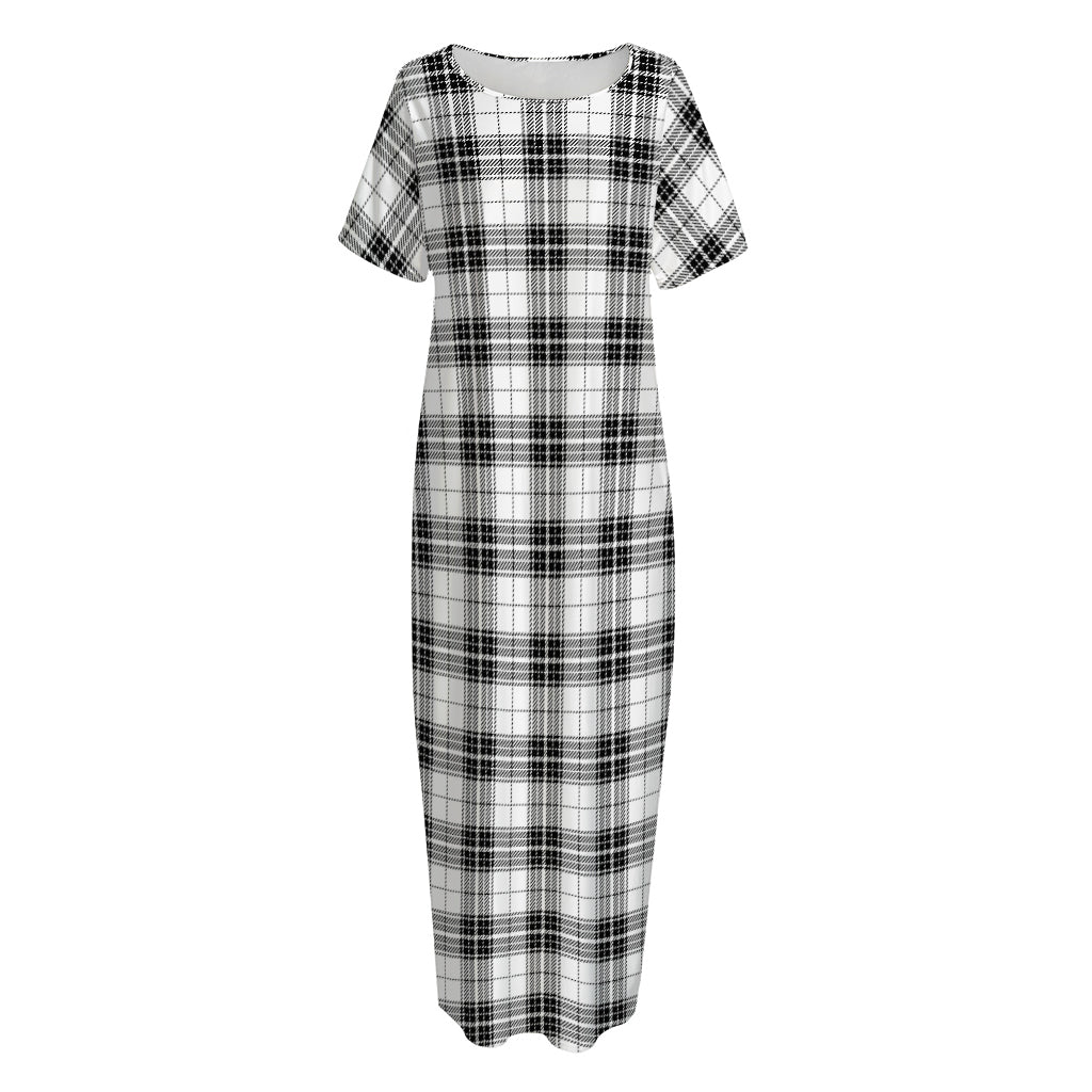Black And White Tartan Pattern Print Short Sleeve Long Nightdress