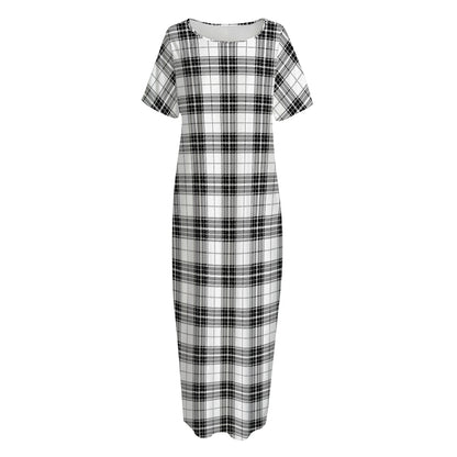 Black And White Tartan Pattern Print Short Sleeve Long Nightdress