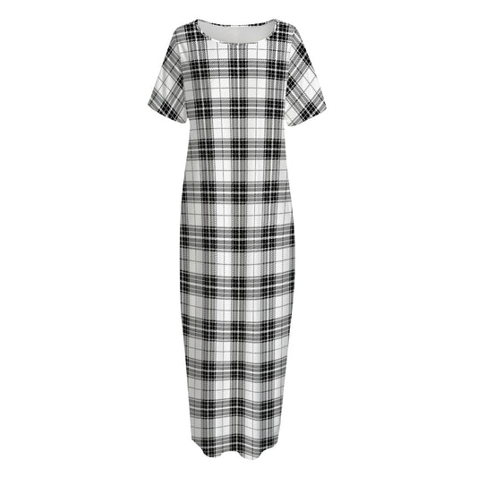 Black And White Tartan Pattern Print Short Sleeve Long Nightdress