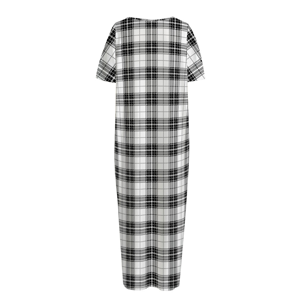 Black And White Tartan Pattern Print Short Sleeve Long Nightdress