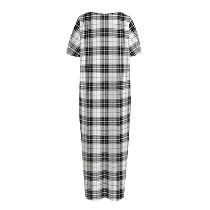 Black And White Tartan Pattern Print Short Sleeve Long Nightdress