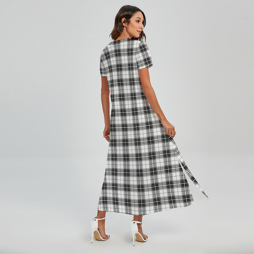 Black And White Tartan Pattern Print Short Sleeve Maxi Dress