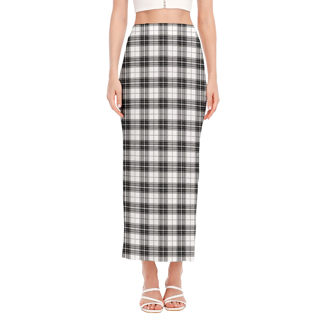 Black And White Tartan Pattern Print Side Slit Maxi Skirt