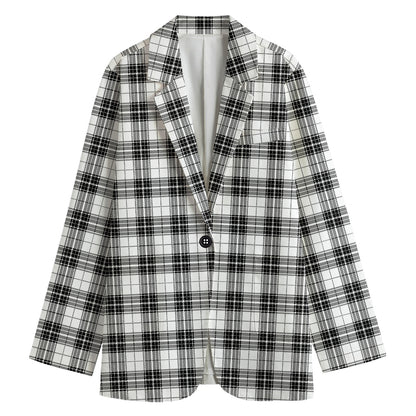 Black And White Tartan Pattern Print Women's Cotton Blazer